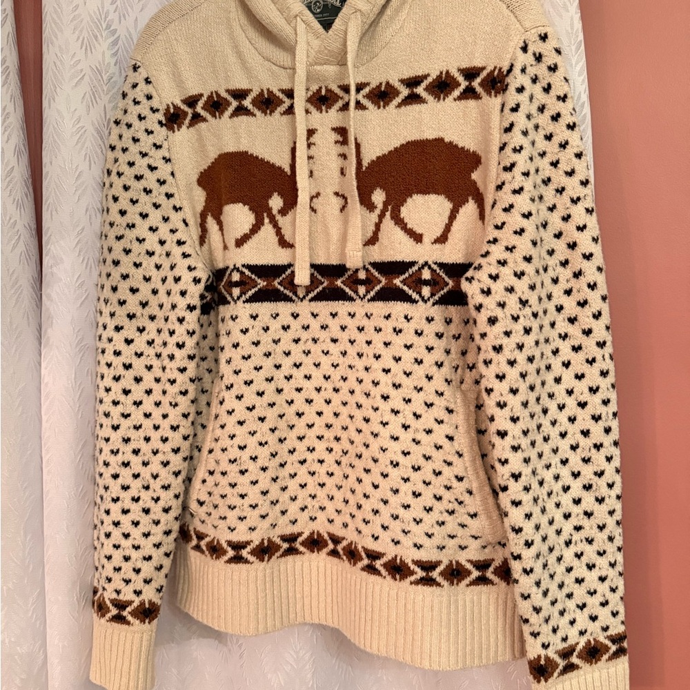American Eagle Sweater Men Cream Fair Isle Moose Deer Hooded Pullover